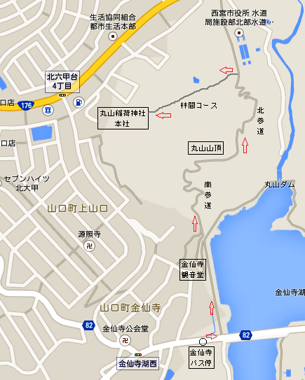 地図：金仙寺湖⇒丸山山頂⇒稲荷本社
